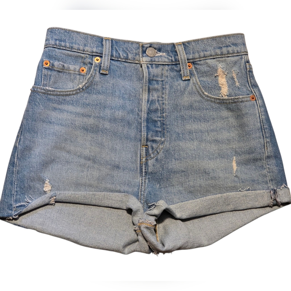 Levi's Blue High-Waisted Distressed Jean Shorts